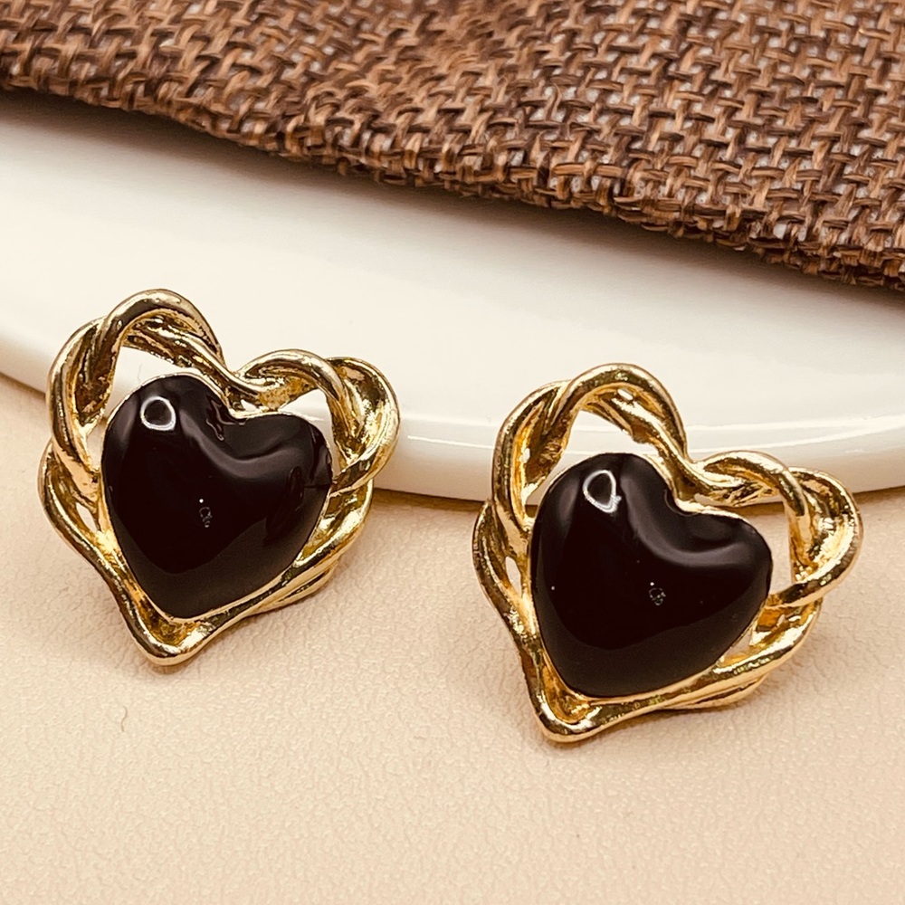 Gold and Black Heart Stud Statement Earrings